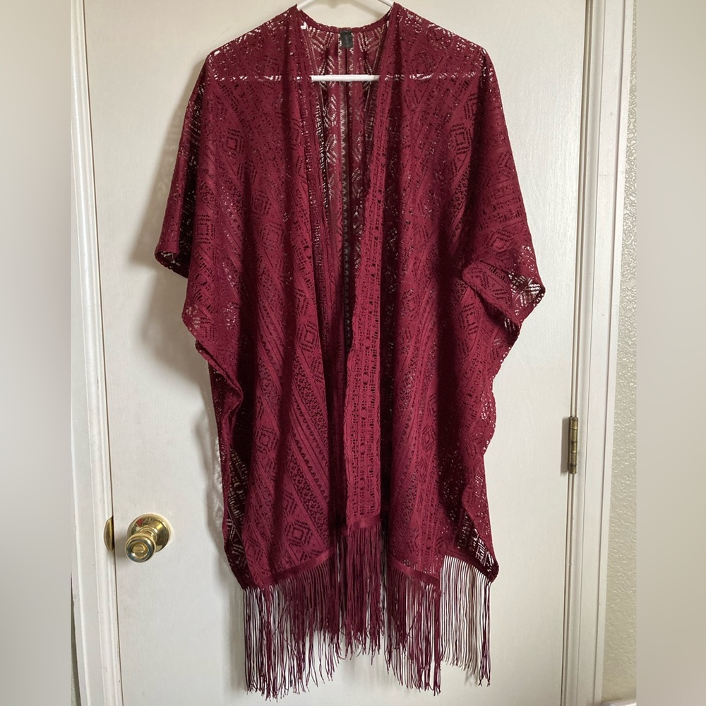 *Lane Bryant Burgundy Maroon Boho Lace Cover Up Open Front Fringe Hem Kimono #Bl